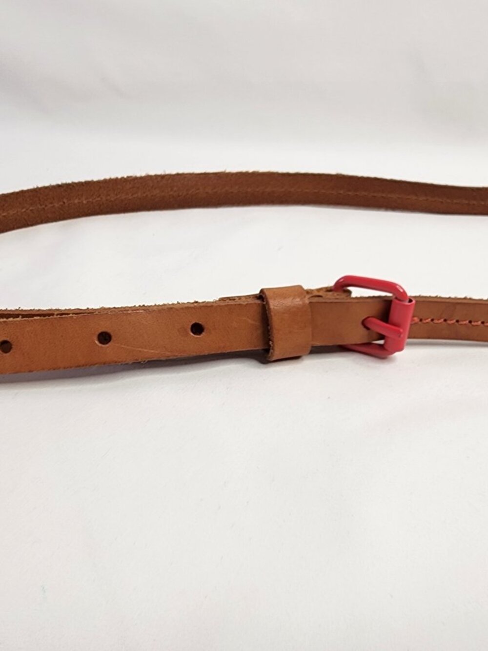 Vince Camuto Skinny Leather Belt Tan with Coral Buckle Designer Waist Belt
